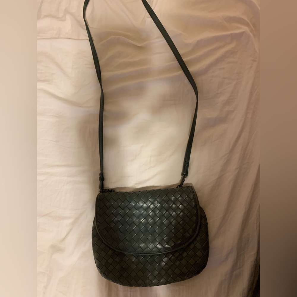 BOTTEGA VENETA shoulder bag, dark gray fold over flap genuine leather bag